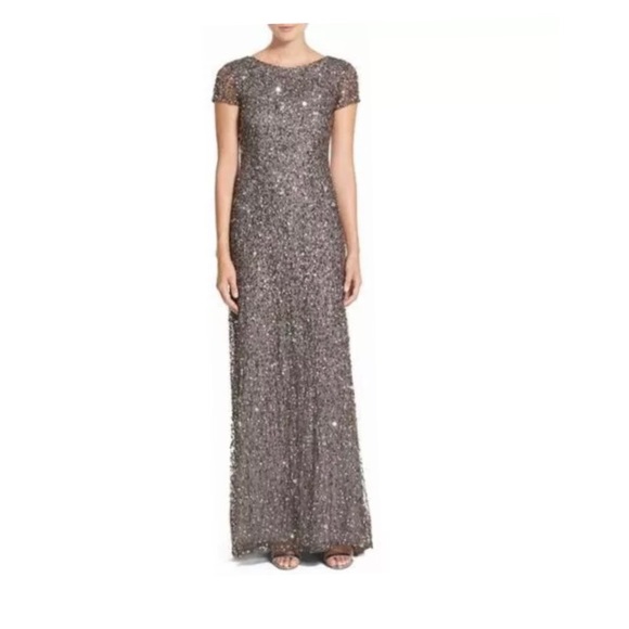 NEW Adrianna Papell Short Sleeve Sequin Mesh Gown - Picture 2 of 8